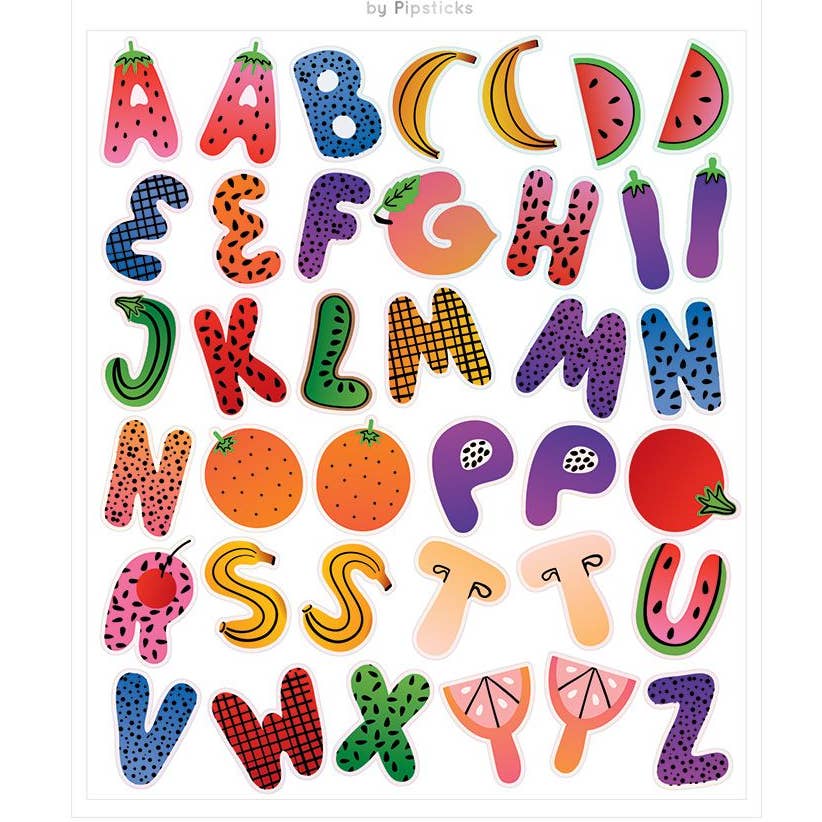 A sheet of colorful alphabet stickers featuring fruit, vegetable, and animal-inspired letter designs on a white background, with the brand name 'by Pipsticks' printed at the top.