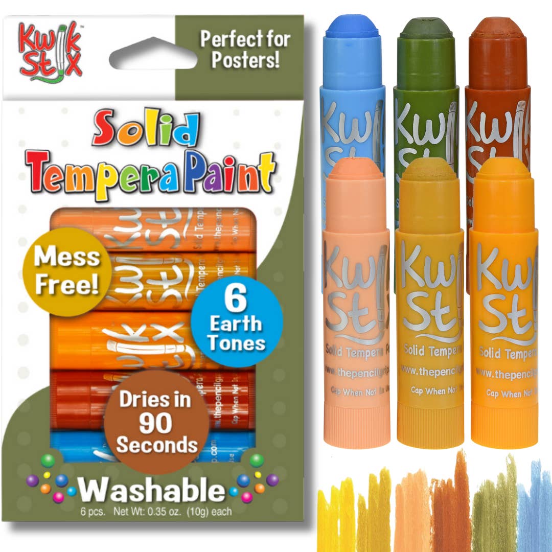 earth tone tempura paint sticks in sky blue, olive green, rusty red, peach, mustard yellow, and ochre