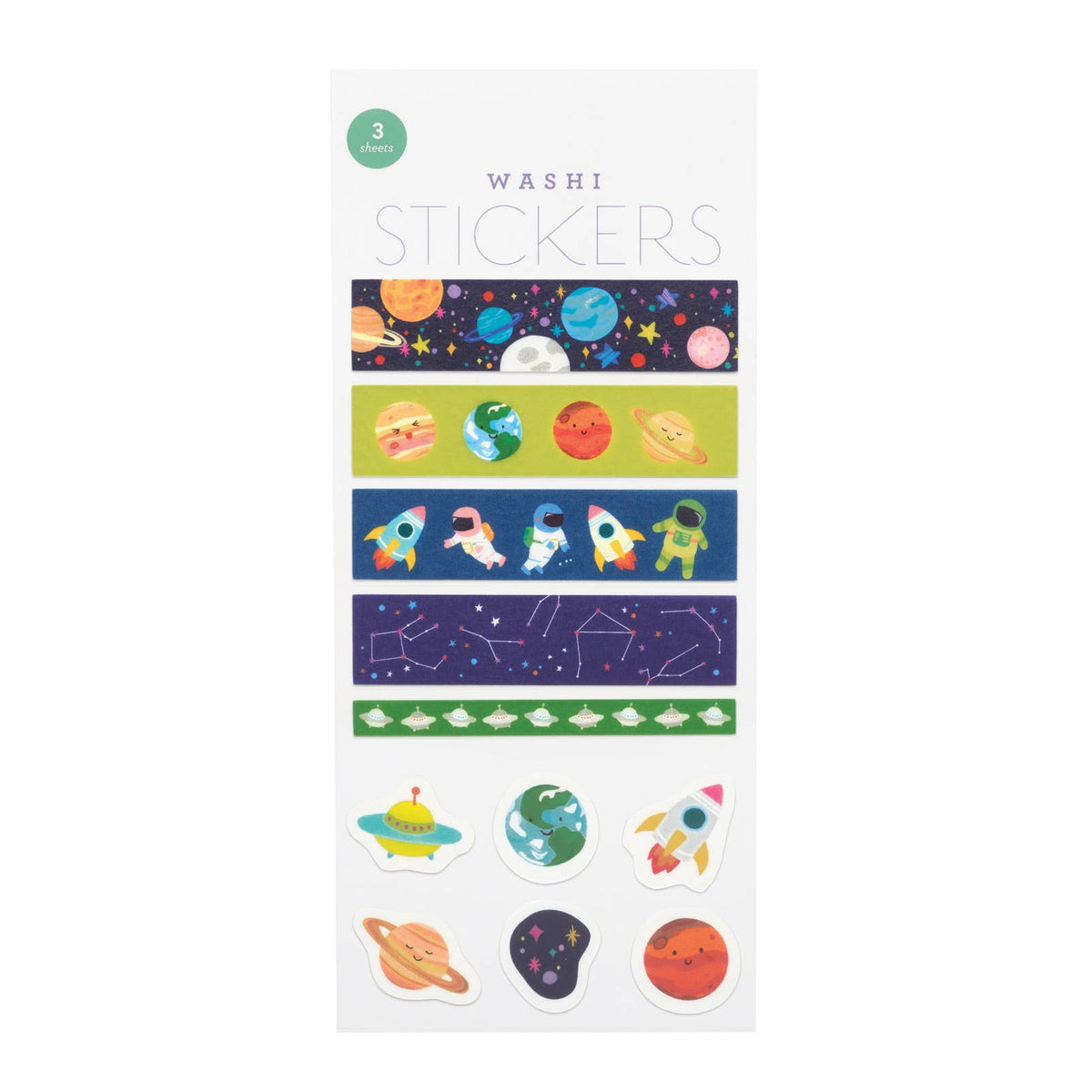 A package of space-themed washi stickers on a white backing card. The stickers feature colorful cartoon planets, stars, rockets, astronauts, a UFO, and constellations on horizontal patterned strips and die-cut oval shapes.