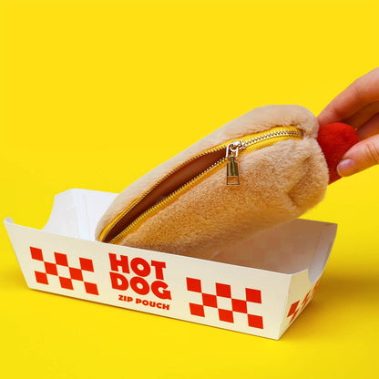 Plush hot dog pen case shown with open zipper