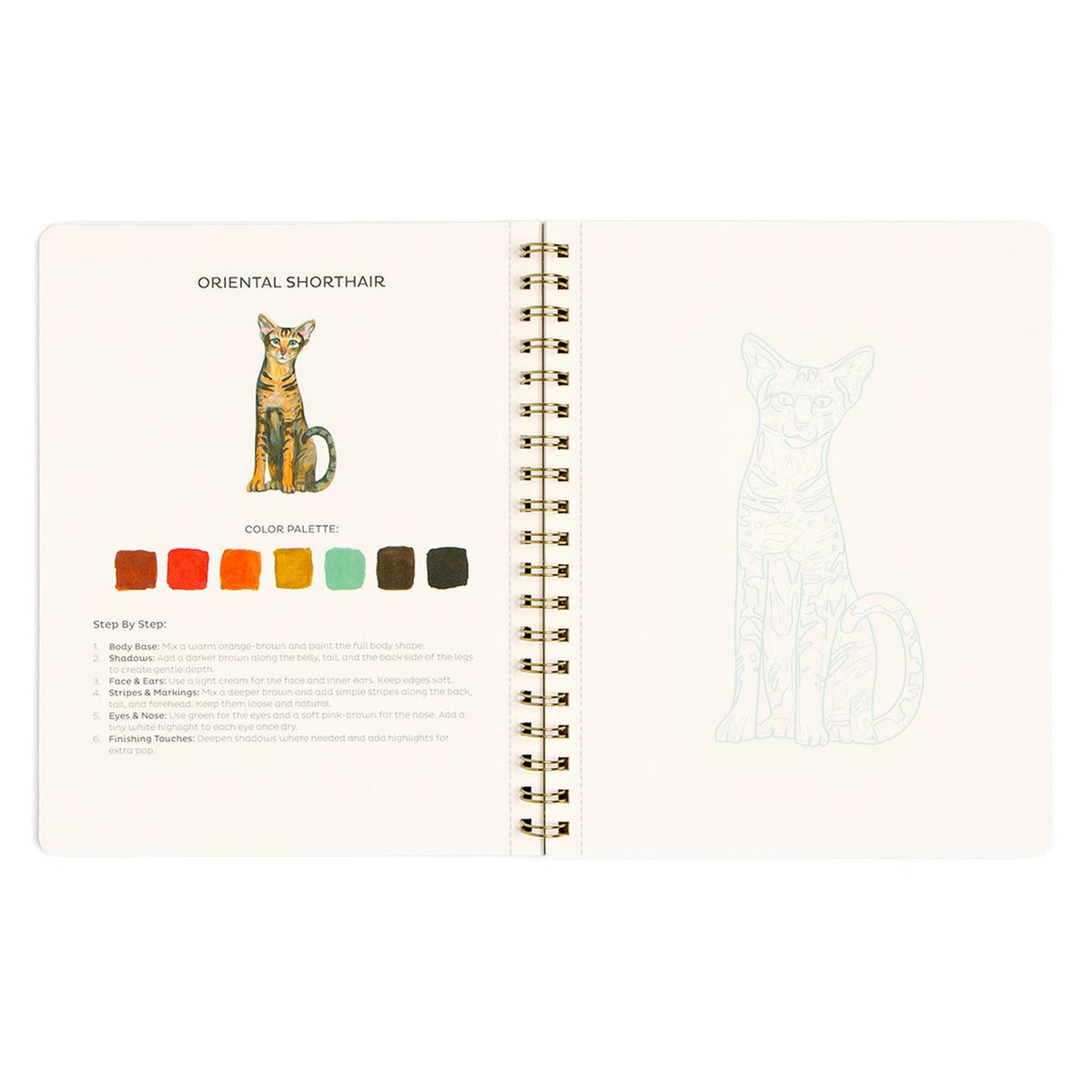 An open spiral-bound notebook showing a cat color guide page titled 'Oriental Shorthair' with a colored cat illustration, color palette swatches, and step-by-step makeup instructions, photographed on a white background.