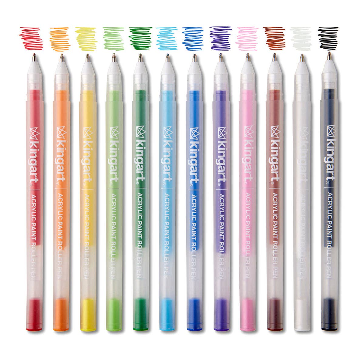 A set of twelve Kingart acrylic paint roller pens arranged in a row, showing a spectrum of colors from pink and orange to green, blue, purple, brown, and gray. Each pen has a matching color swatch printed above it on a clean white background.