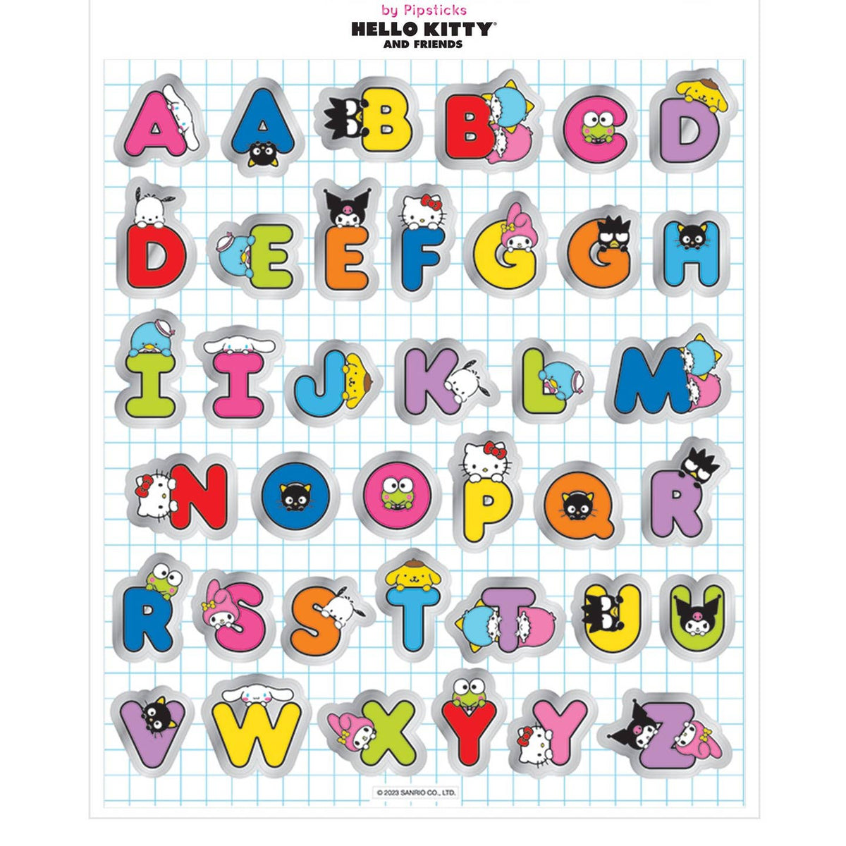 A sheet of colorful alphabet stickers featuring Hello Kitty and Sanrio characters, displayed on a white background with a light blue grid.