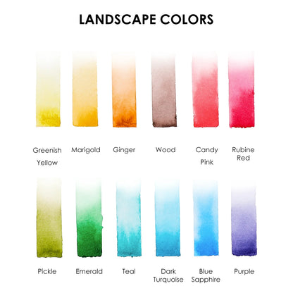 Swatch Card for Landscape Colors: Greenish Yellow, Marigold, Ginger, Wood, Candy Pink, Rubine Red, Pickle, Emerald, Teal, Dark Turquoise, Blue Sapphire, and Purple