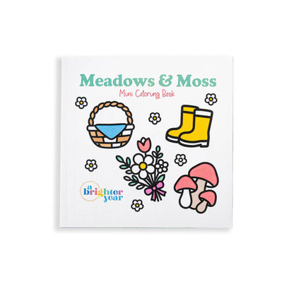 Cover of the Meadows & Moss mini coloring book featuring a pair f rainboots, basket, bouquet, and mushrooms