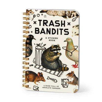 Sticker book titled 'Trash Bandits' with raccoons, pigeons, rats, and other animals on a white background