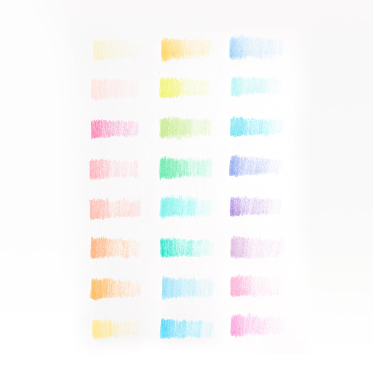 A sheet of pastel hues colored pencil color swatches arranged in a grid, showing soft horizontal brush strokes in hues of yellow, orange, pink, green, blue, and purple on a white background.