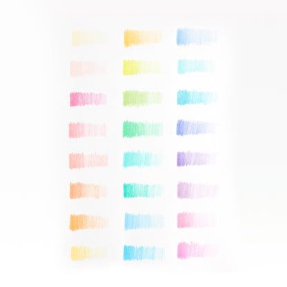 A sheet of pastel hues colored pencil color swatches arranged in a grid, showing soft horizontal brush strokes in hues of yellow, orange, pink, green, blue, and purple on a white background.
