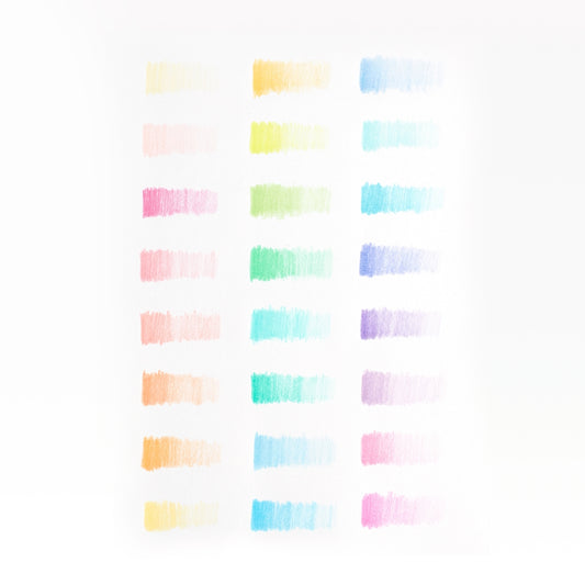 A sheet of pastel hues colored pencil color swatches arranged in a grid, showing soft horizontal brush strokes in hues of yellow, orange, pink, green, blue, and purple on a white background.
