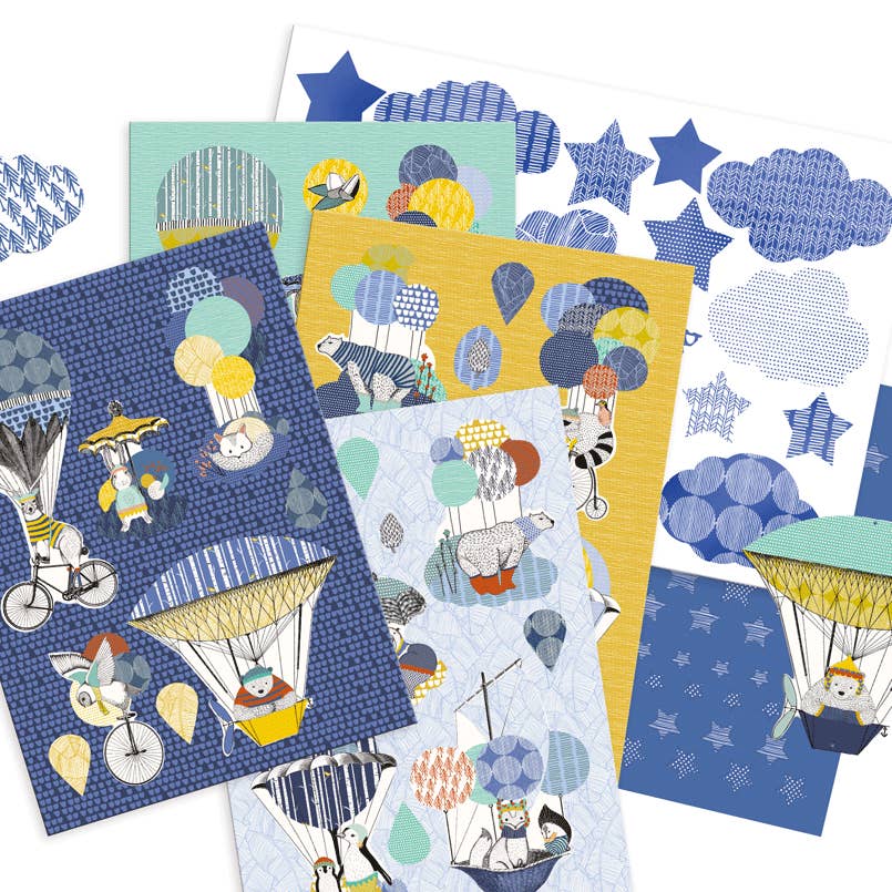 Contents of the Polar Expedition craft kit features a light blue cover decorated with whimsical paper-cut style polar-themed illustrations including polar bears, polar bears in hot air balloons, polar bears in snowmobiles, polar bears in kayaks, polar bears in canoes, polar bears in snowmobiles, polar bears in canoes, polar bears in snowmobiles, and polar bears in canoes.
