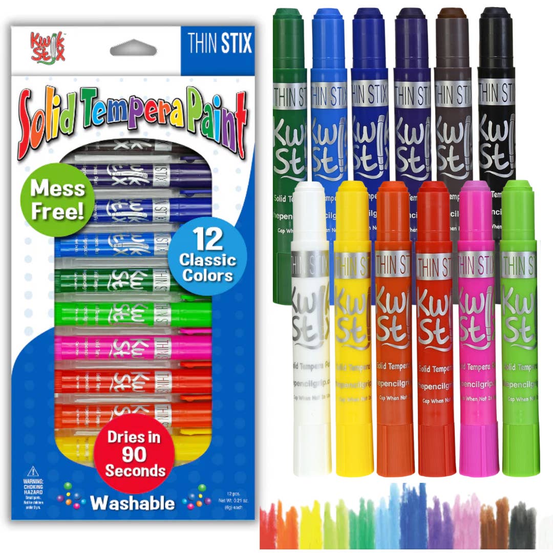 thin tempera paint sticks in evergreen, sky blue, royal blue, navy blue, brown, black, white, yellow, orange, red, pink, and lime