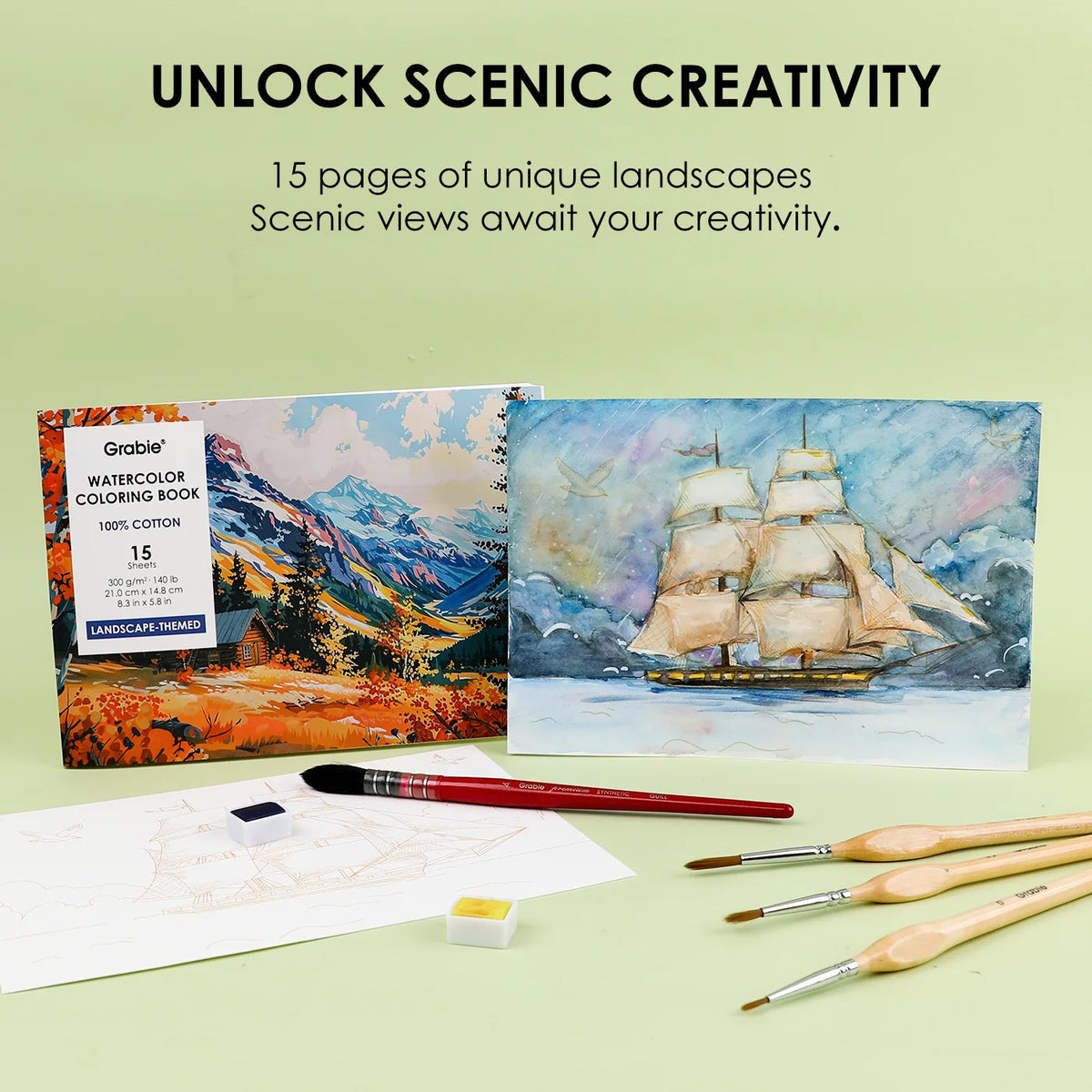 Contents of the Landscape Themed Watercolor Coloring Club Box with text that reads, "UNLOCK SCENIC CREATIVITY - 15 pages of unique landscapes; scenic views await your creativity"