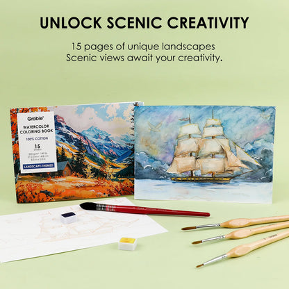 Contents of the Landscape Themed Watercolor Coloring Club Box with text that reads, "UNLOCK SCENIC CREATIVITY - 15 pages of unique landscapes; scenic views await your creativity"