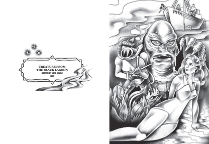 Interior page spread with the words "Creature from the Black Lagoon, Directed by Jack Arnold, 1964" on one side, and a black and grey tattoo style illustration of characters and images from the movie.