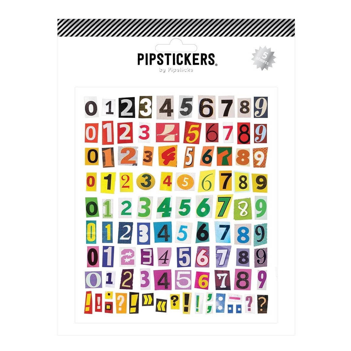 A sheet of Pipsickers number stickers featuring numbers 0 through 9 in various colors like red, yellow, green, blue, purple, and brown, on a white background.