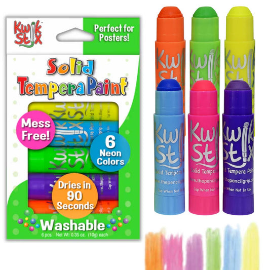 tempera paint sticks in orange, yellow, green, light blue, pink, and royal blue