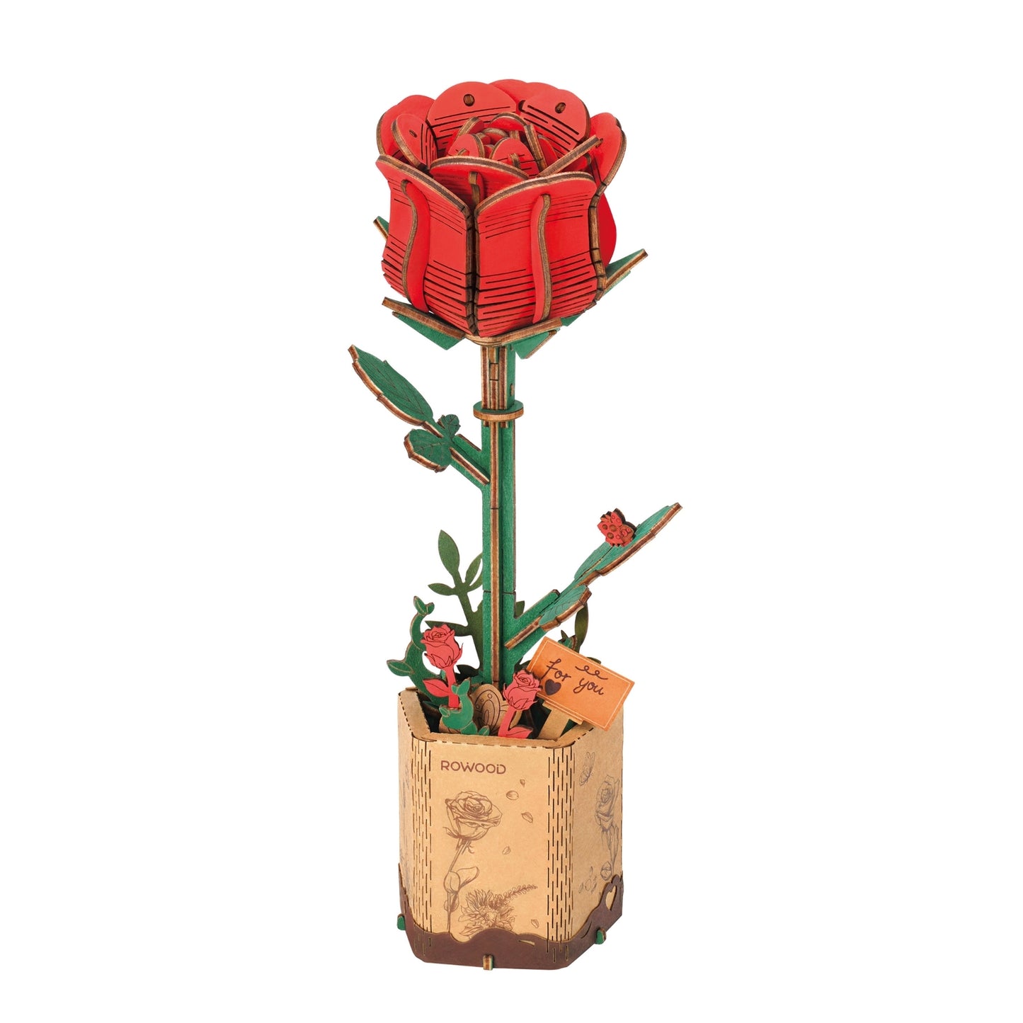 Red Rose 3D Wooden DIY Flower Puzzle Sets - Odd Nodd Art Supply