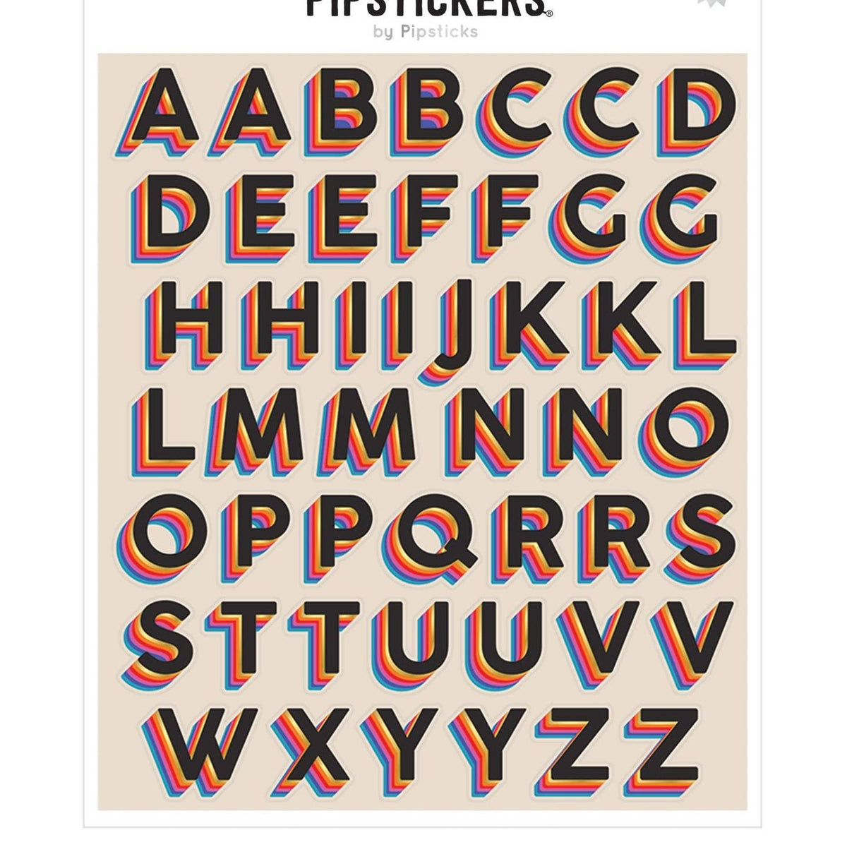 A sheet of alphabet stickers by Pipisticks featuring retro 3D-effect letters with black faces and layered red, orange, and blue shadows on a beige background.