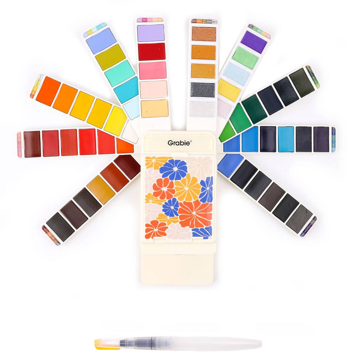 Grabie Foldable Set of 56 Watercolors shown with all palettes spread out of the carrying case