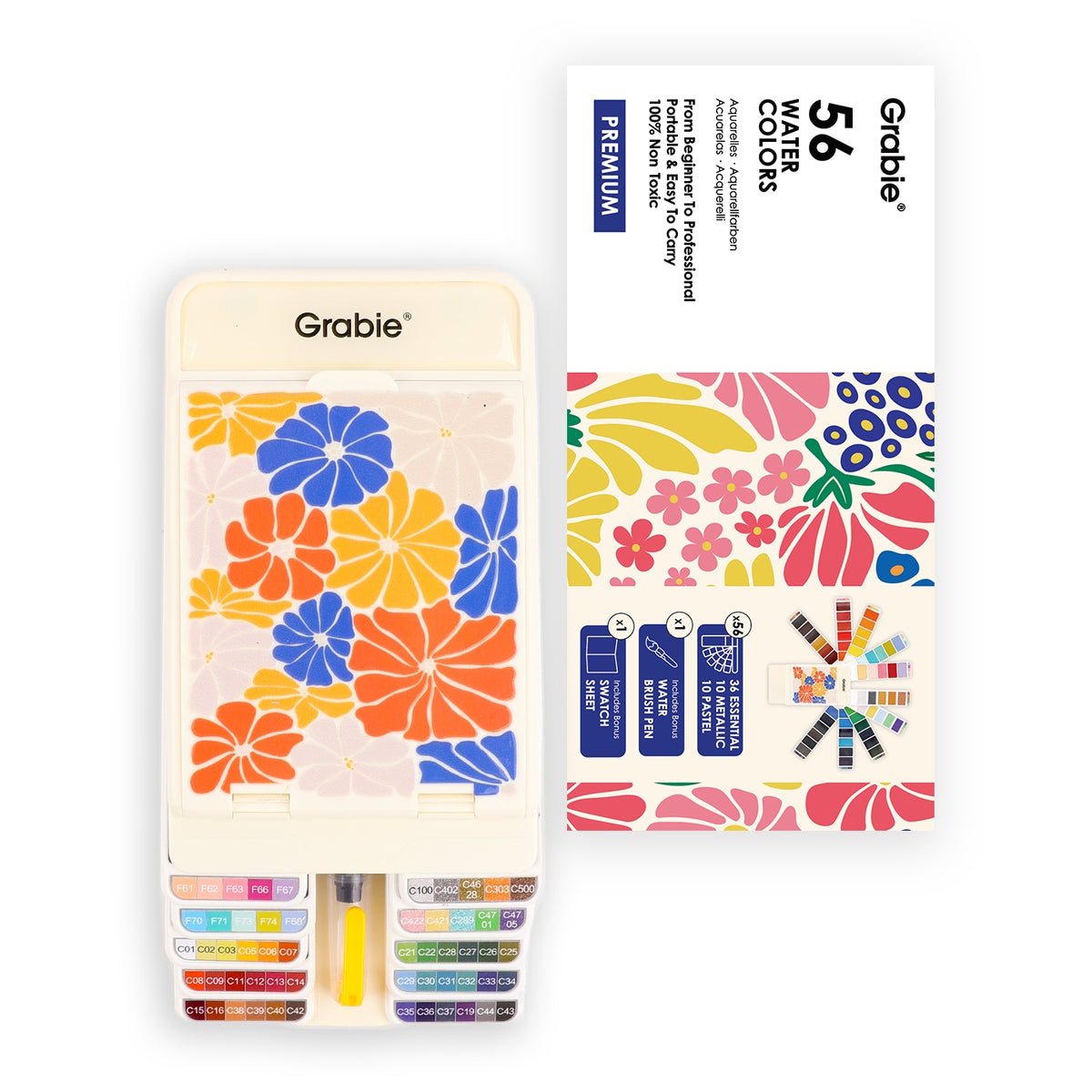 Retail packaging for the Grabie Foldable Watercolor Set of 56