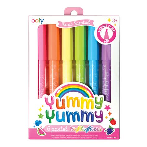 Ooly Yummy Yummy 6 pastel highlighters in colorful retail  packaging, featuring pink, orange, yellow, green, blue, and purple pens with a rainbow and fruit illustrations.