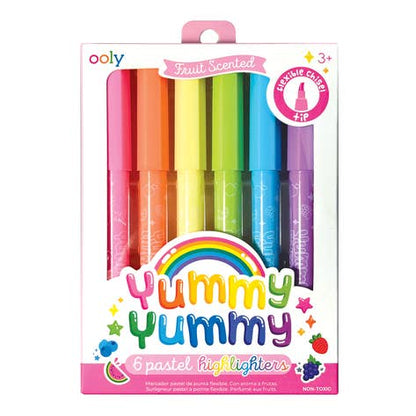 Ooly Yummy Yummy 6 pastel highlighters in colorful retail  packaging, featuring pink, orange, yellow, green, blue, and purple pens with a rainbow and fruit illustrations.