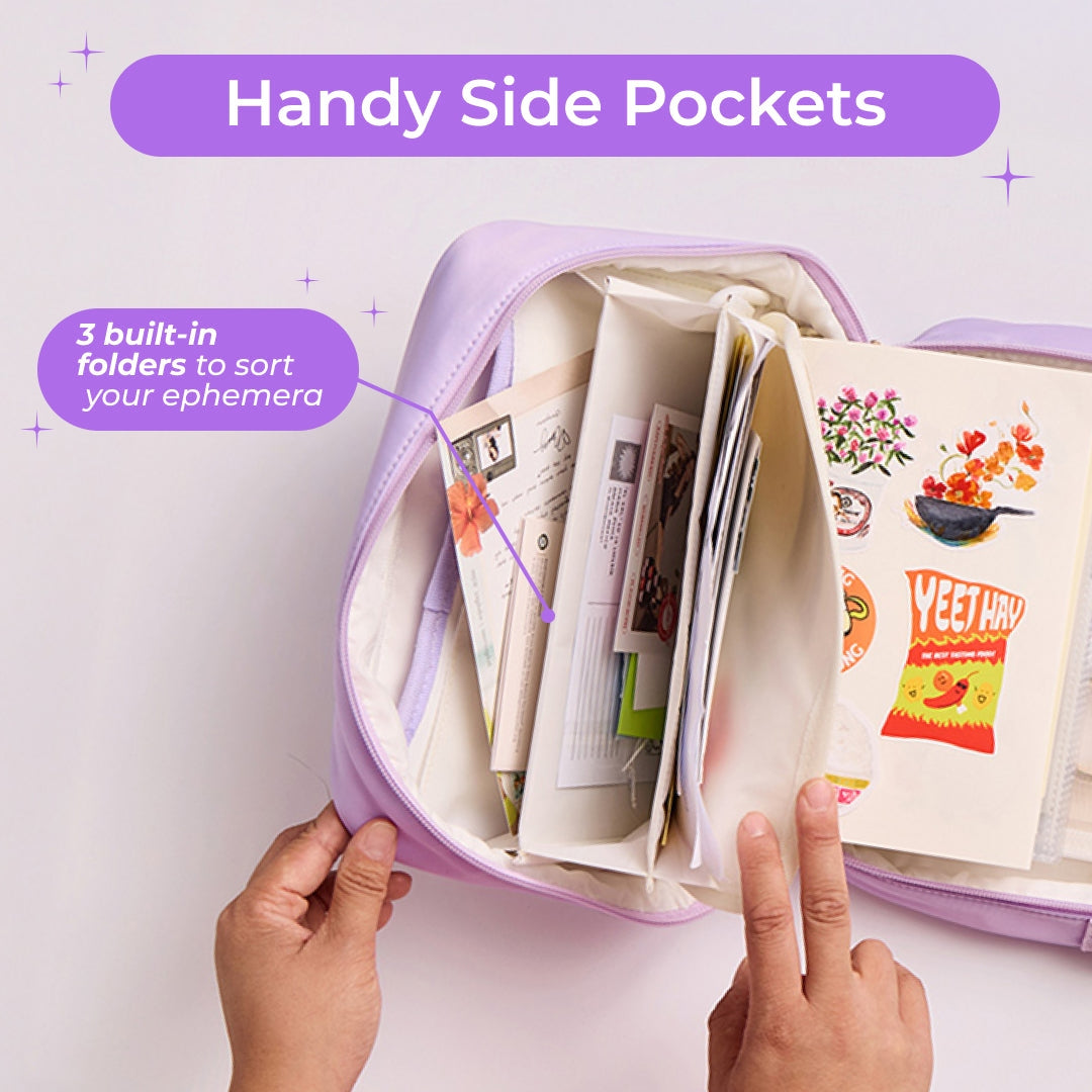 Photo of the interior of the Ultimate Journal Bag showing the side pocket system. White text on purple text bubbles reads, "Handy Side Pockets: 3 built-in folders to sort your ephemera"