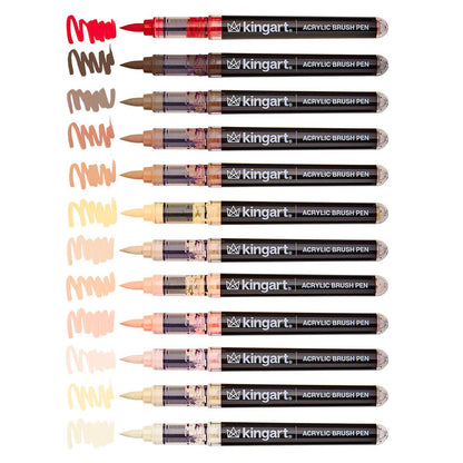 Kingart Acrylic Brush Pen set in Portrait Colors shown in multiple skin-tone shades, with corresponding color swatches and swatches written on the left side, on a white background.