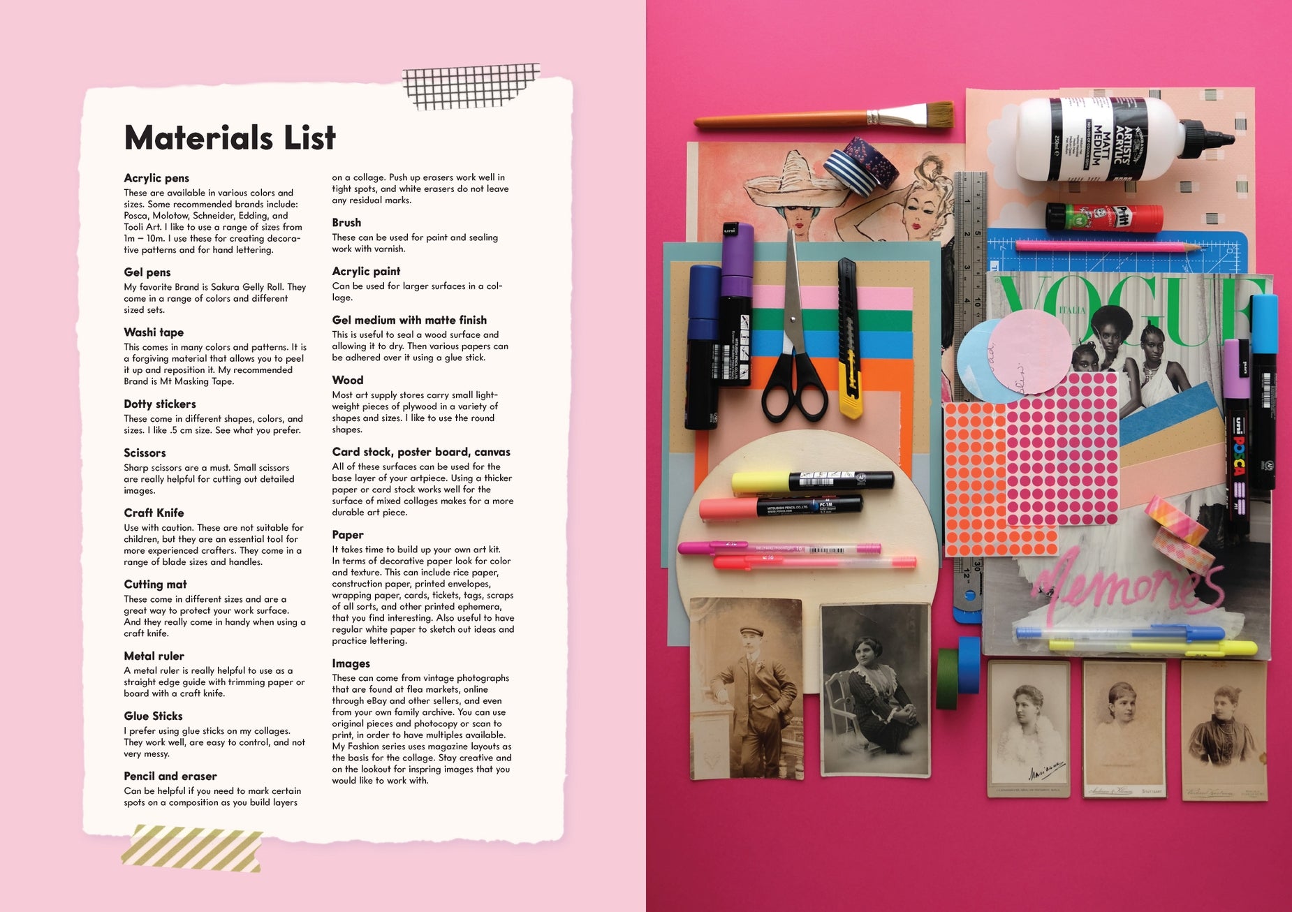 Interior page spread with a sample "Materials List" on one side, and a photograph of tools such as scissors, pens, and cut up paper on a pink background