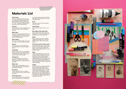 Interior page spread with a sample "Materials List" on one side, and a photograph of tools such as scissors, pens, and cut up paper on a pink background