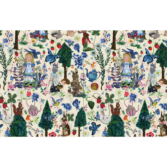 Interior page spread featuring whimsical elements from alice in wonderland