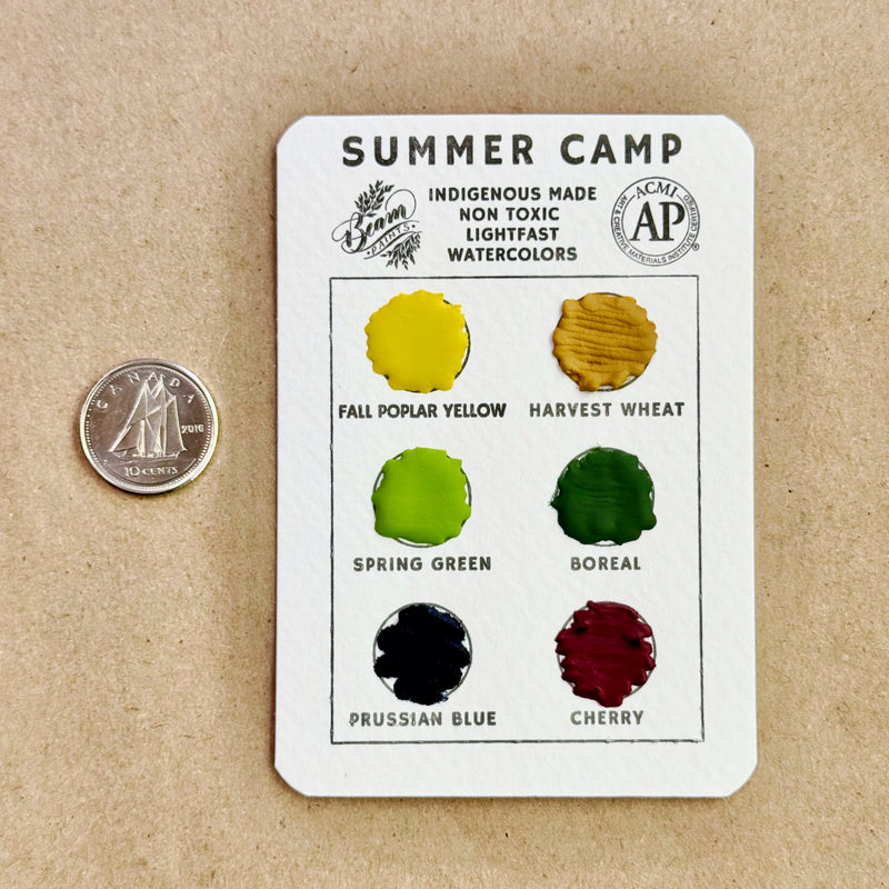 Summer Camp Beam Travel Card featuring colors: Fall Poplar Yellow, Harvest Wheat, Spring Green, Boreal, Prussian Blue, and Cherry