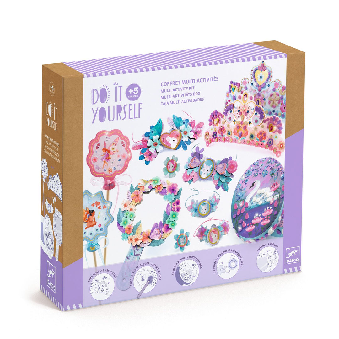 Lavender and white box featuring pink, purple, and teal sparkly tiaras, magic wands, and jewelry