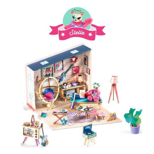 The miniature model room of Stella, a wooden cat figurine with a punk rock style. In her room are an electric guitar, record player, lava lamp, keyboard, and furniture in a mid century style