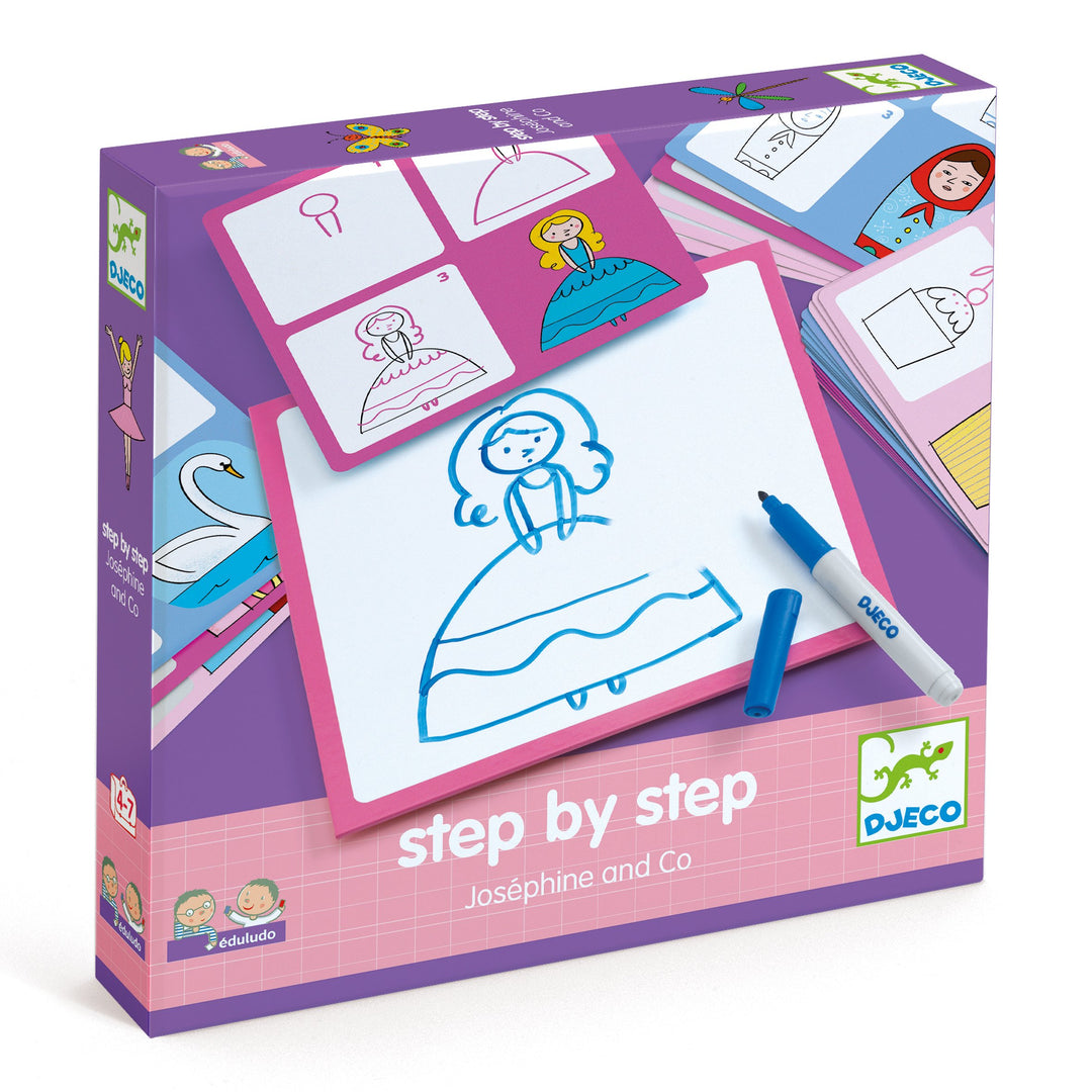 box showing the step by step insructions for drawing a princess in blue marker on a white dry erase board