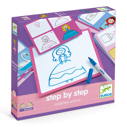box showing the step by step insructions for drawing a princess in blue marker on a white dry erase board
