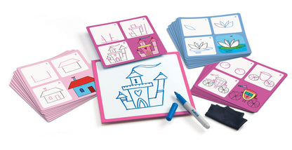 a variety of dry erase cards showing steps for drawing a castle, lily pad, chariot, and house