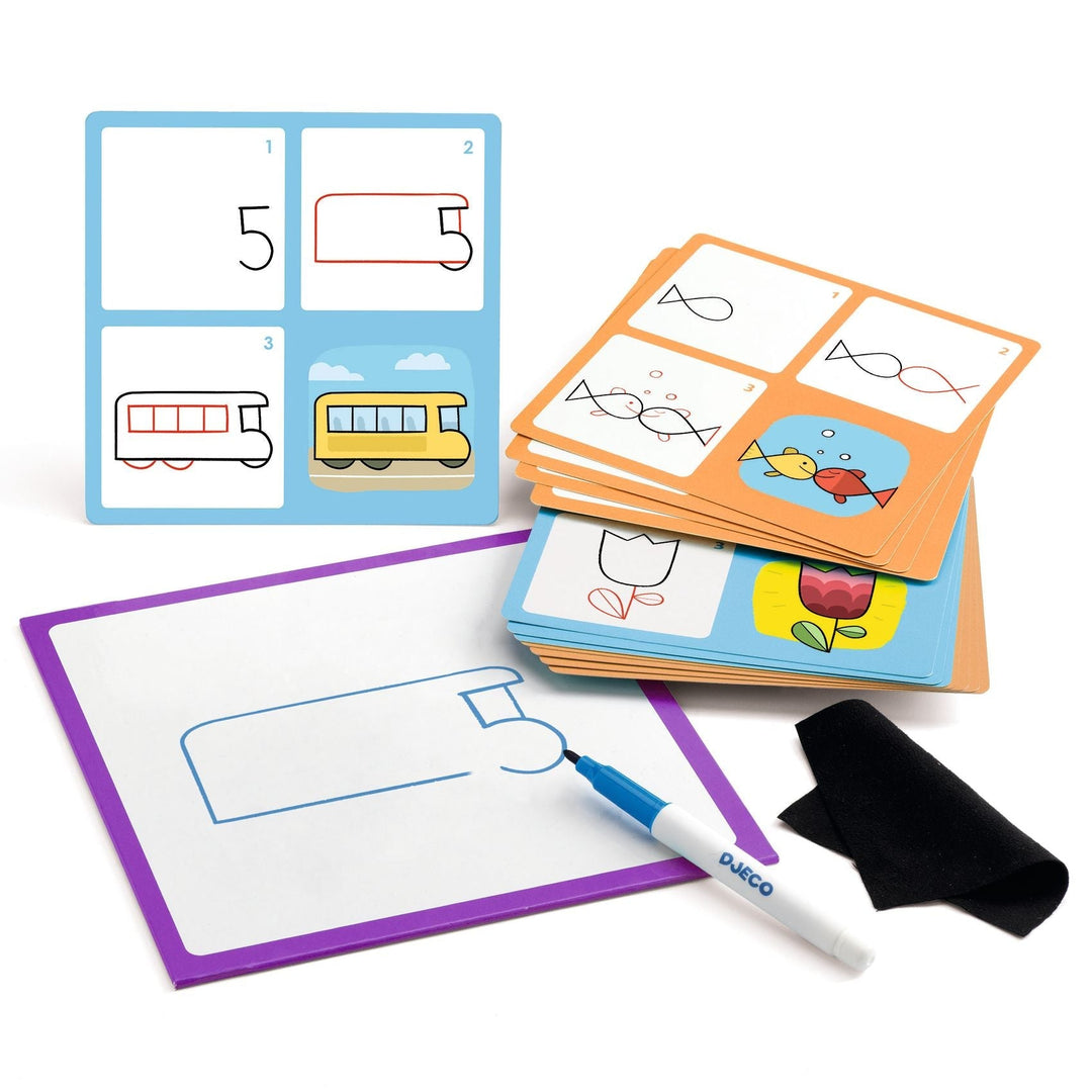 a variety of dry erase cards illustrating how to draw yellow bus from the numeral 5 or two red and yellow fish from the numeral 2 