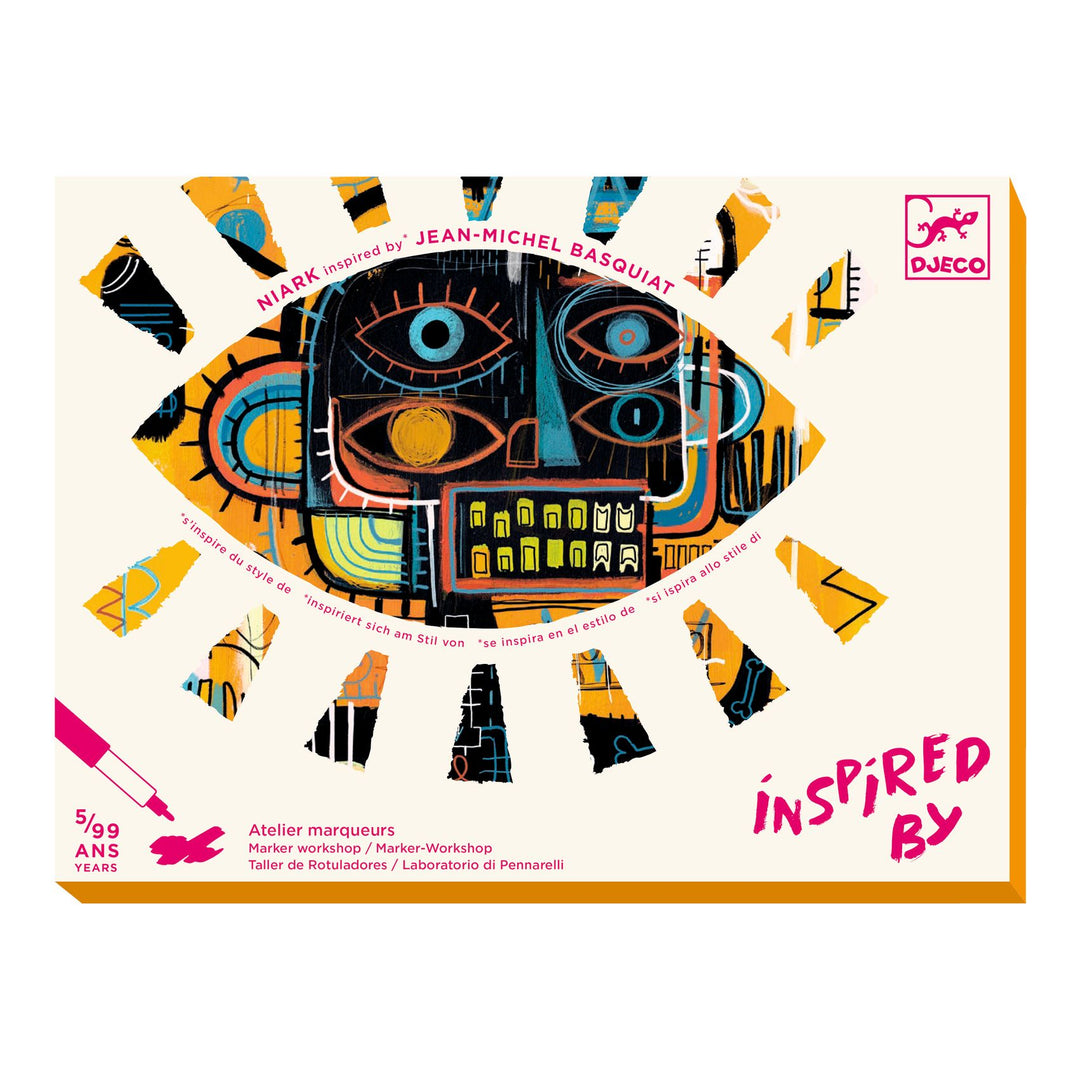Artistic packaging of a marker set inspired by Jean-Michel Basquiat, featuring geometric shapes and abstract design.