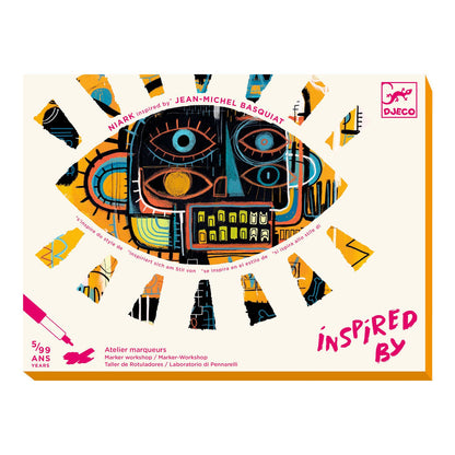 Artistic packaging of a marker set inspired by Jean-Michel Basquiat, featuring geometric shapes and abstract design.
