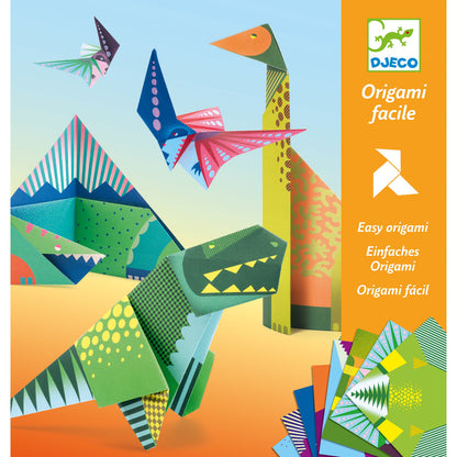 an orange package of origami papers showing 5 different completed origami dinosaurs in a variety of colors