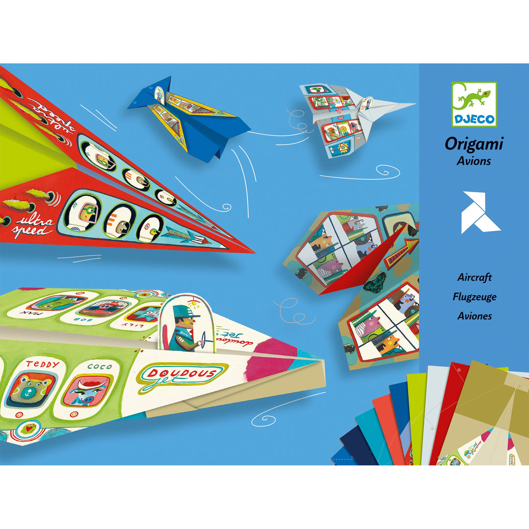 a blue package of origami papers showing 4 completed origami paper planes in green, red, blue and white each decorated with a variety of pilot and passenger stickers