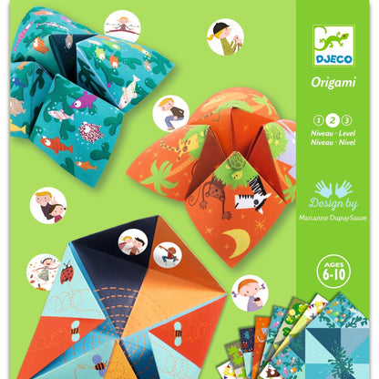 Green origami package showing a blue and an orange assembled fortune teller, along with a stack of unfolded origami paper in multiple colors with animal patterns and themes