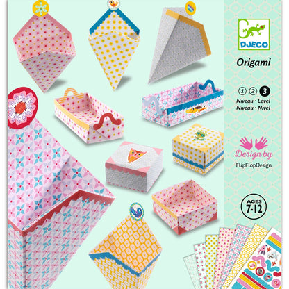a pale green package of origami papers showing 5 different varieties of box and tray shaped origami in a variety of brightly colored patterns