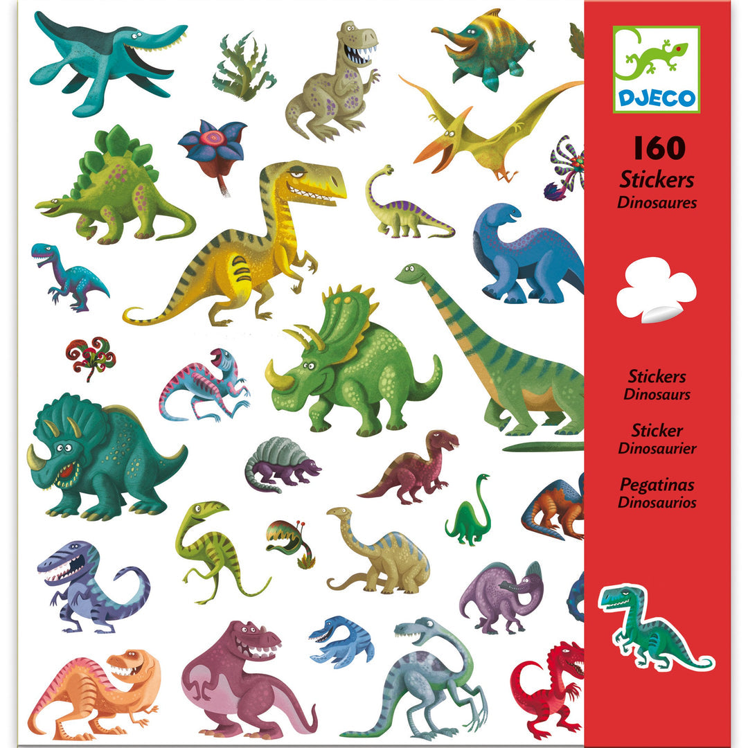 DJECO sticker pack with red and white cover featuring a variety of colorful dinosaurs in a cartoony style with expressive faces