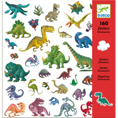 DJECO sticker pack with red and white cover featuring a variety of colorful dinosaurs in a cartoony style with expressive faces