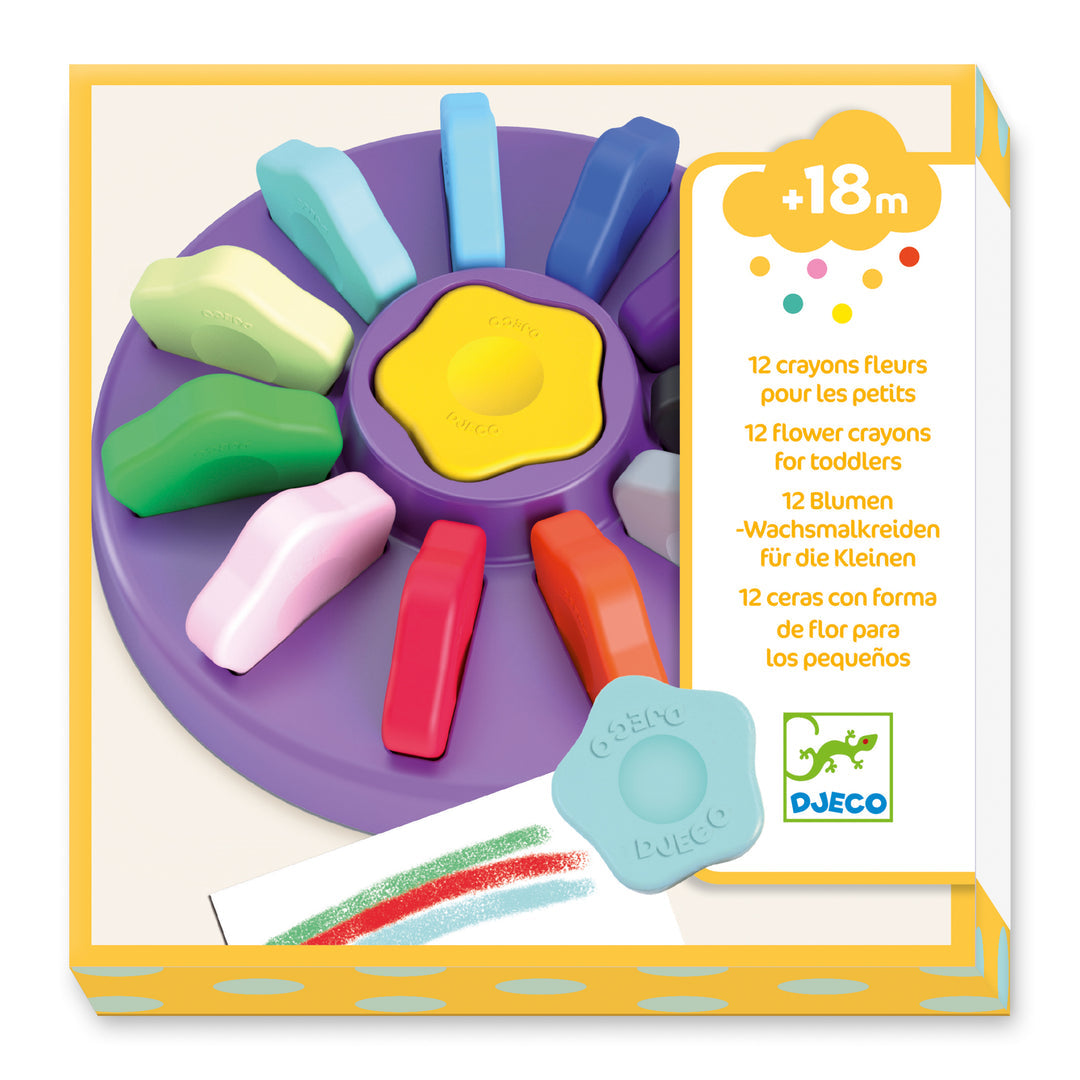 white and yellow box of crayon set showing the purple carrying case and the 12 colors the round flower shaped crayons in purple, royal blue, powder blue, teal, lime green, grass green, light pink, red, orange, yellow, grey, and black