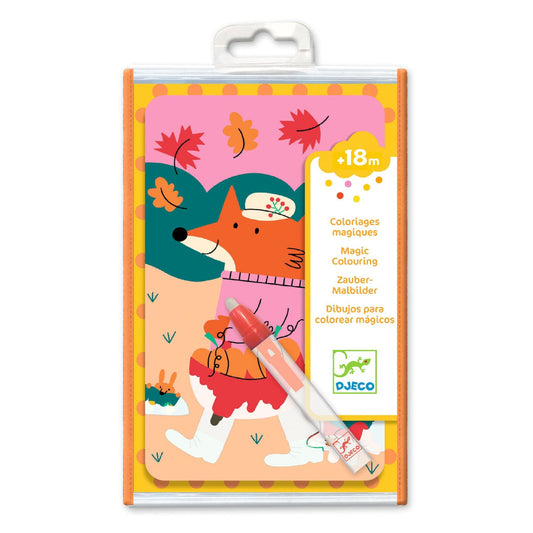 Coloring book kit in a clear, vinyl sleeve. The cover features a partially colored in illustration of cute red fox wearing a white cap and pink sweater under a sky of falling autumnal leaves