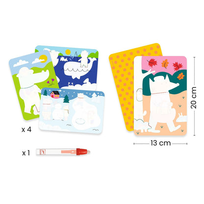 the not colored in version of all four coloring cards, the autumnal fox, a winter snow scene, a summer scene with whales and a beach, and a spring scene with an alligator