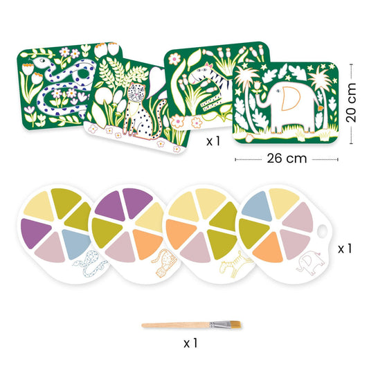 All four scenes are shown unpainted, a snake, leopard, giraffe, and elephant. Each has a corresponding paint palette of different colors. 